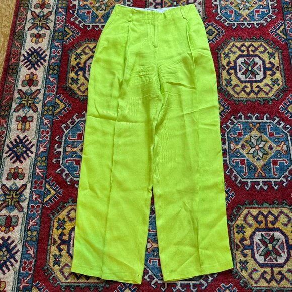 Sandro Neon Lime Green Pants w/ Defect Viscose Linen Wide Leg Trouser Pleated - Picture 5 of 9